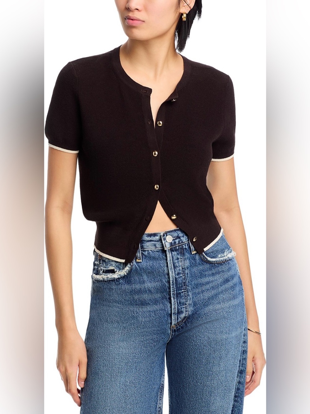 rag & bone Dina Tipped Short Sleeve Cardigan in Chocolate Brown